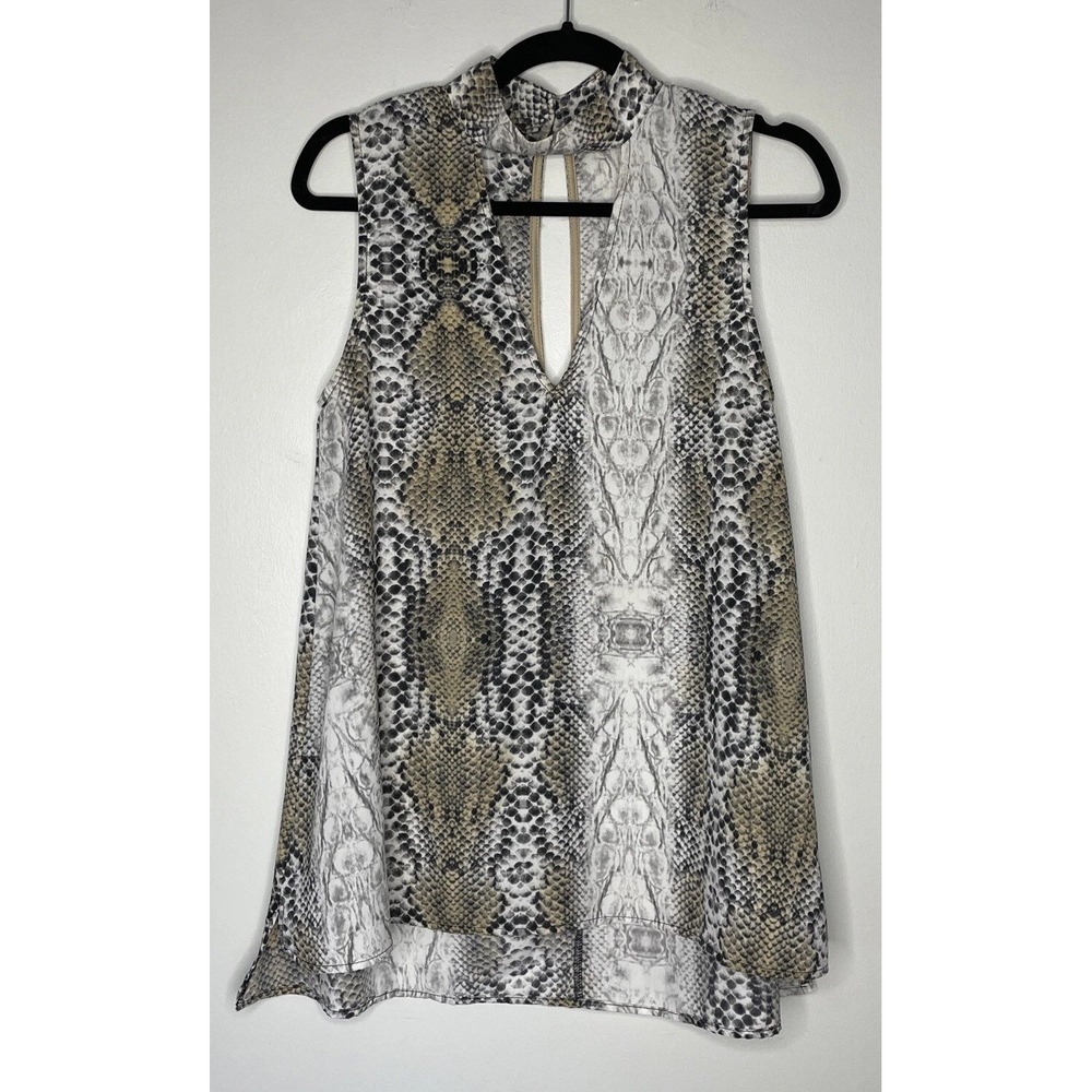 Karlie Snakeskin Tank Top Womens Small Gray Tan Keyhole High Neck Chic Gorpcore